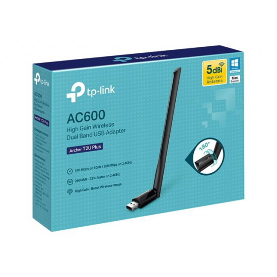 TP-LINK ARCHER T2U PLUS AC600 High Gain Wi-Fi Dual Band USB 2.0 Adapter TP-LINK ARCHER T2U PLUS AC600 High Gain Wi-Fi Dual Band USB 2.0 Adapter