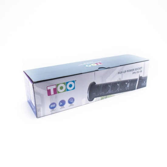 TOO PPS-312-3B IP20 3x 2P+F, 2x USB-A, motorikus, fekete asztalba süllyeszthető elosztó TOO PPS-312-3B IP20 3x 2P+F, 2x USB-A, motorikus, fekete asztalba süllyeszthető elosztó