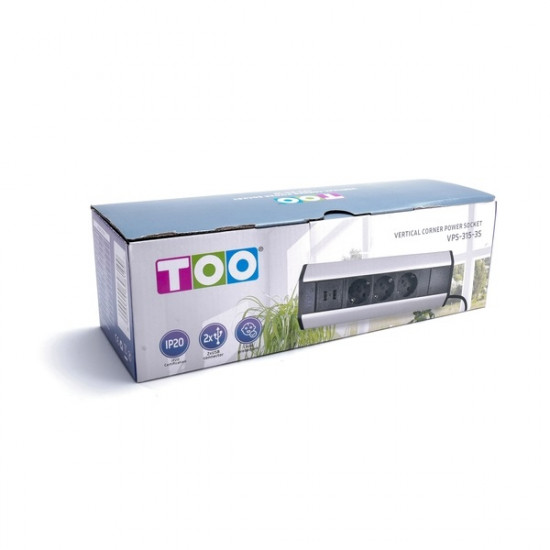 TOO PPS-315-3S IP20, 3x 2P+F, 2x USB-A, ezüst asztalra rögzíthető elosztó