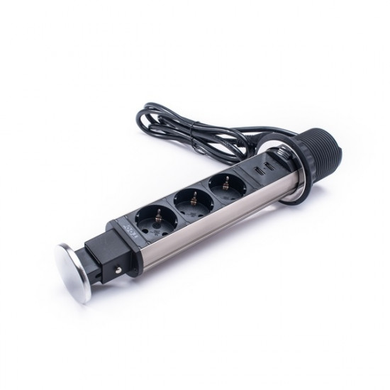 TOO PPS-305-3C IP20, 3x 2P+F, 2x USB-A, króm asztalba süllyeszthető elosztó TOO PPS-305-3C IP20, 3x 2P+F, 2x USB-A, króm asztalba süllyeszthető elosztó