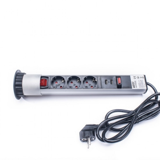 TOO PPS-307-3S IP20, 3x 2P+F, 2x USB-A, áramtalanító kapcsolóval, ezüst asztalba süllyeszthető elosztó TOO PPS-307-3S IP20, 3x 2P+F, 2x USB-A, áramtalanító kapcsolóval, ezüst asztalba süllyeszthető elosztó