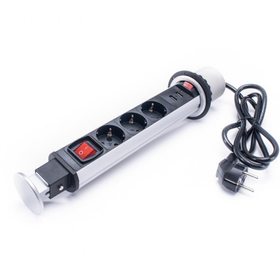 TOO PPS-307-3S IP20, 3x 2P+F, 2x USB-A, áramtalanító kapcsolóval, ezüst asztalba süllyeszthető elosztó TOO PPS-307-3S IP20, 3x 2P+F, 2x USB-A, áramtalanító kapcsolóval, ezüst asztalba süllyeszthető elosztó