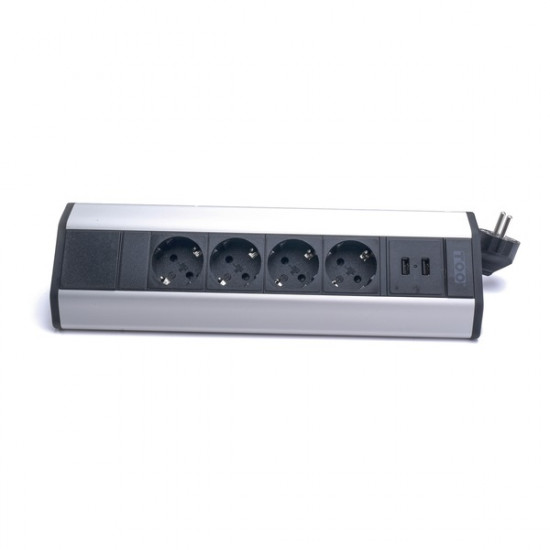 TOO PPS-317-4S IP20, 4x 2P+F, 2x USB-A, ezüst asztalra rögzíthető elosztó