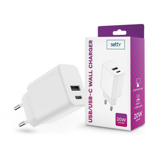 Setty 20W Type-C/USB fehér hálózati töltő (TF-0121) Setty 20W Type-C/USB fehér hálózati töltő (TF-0121)
