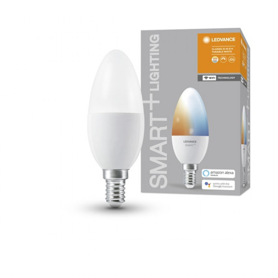 Ledvance Smart+ Wifi vezérlésű 5W állítható színhőmérsékletű E14 dimmelhető gyertya LED fényforrás (4058075485556)