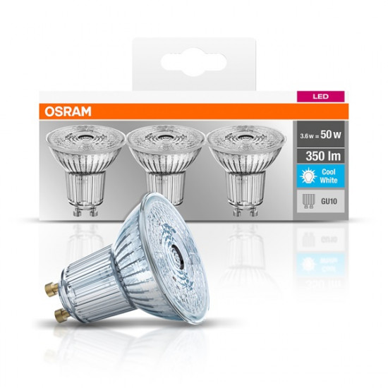 Osram BASE PAR16 LED fényforrás GU10 4.3W hideg fehér 3db/cs (4058075818415) Osram BASE PAR16 LED fényforrás GU10 4.3W hideg fehér 3db/cs (4058075818415)