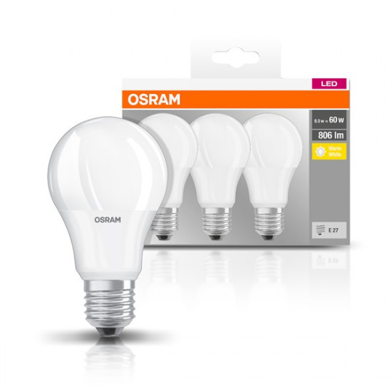 Osram Base matt műanyag búra/8,5W/806lm/2700K/E27/dobozos LED körte izzó 3 db (4052899955493) Osram Base matt műanyag búra/8,5W/806lm/2700K/E27/dobozos LED körte izzó 3 db (4052899955493)