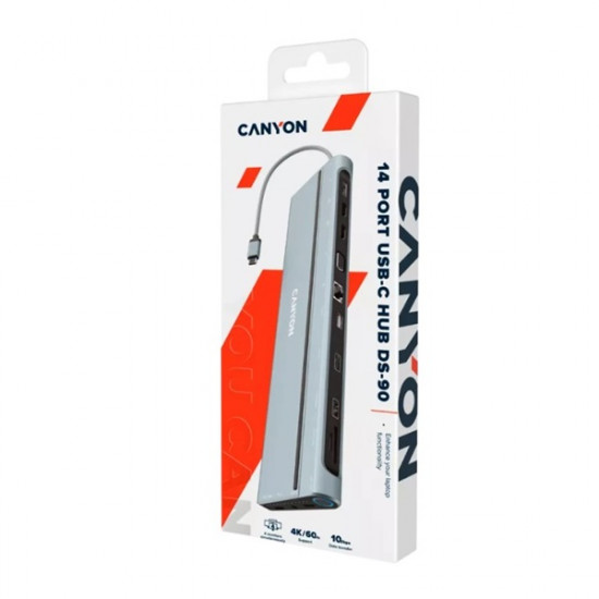 CANYON HUB 14-in-1, USB-C, 1xUSB3.0, 1xUSB2.0, 1xUSB-A 3.2, 1xUSB-C 3.2, 1xHDMI, VGA, Ethernet, Audio,szürke( CNS-HDS90)