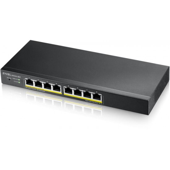 ZYXEL Switch 8x1000Mbps (8xPOE), Fémházas, Menedzselhető (8GbE port), GS1915-8EP-EU0101F