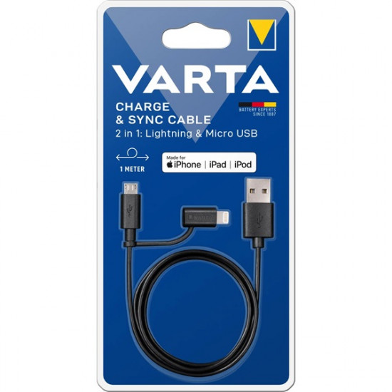 Varta 57943101401 1m 2in1 USB - microUSB/Lightning fekete adat- és töltőkábel Varta 57943101401 1m 2in1 USB - microUSB/Lightning fekete adat- és töltőkábel