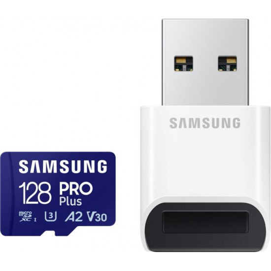 SAMSUNG 128GB PRO Plus + Reader microSDXC 128GB, CLASS 10, UHS-I, U3, V30, A2, R180/W130 Memóriakártya SAMSUNG 128GB PRO Plus + Reader microSDXC 128GB, CLASS 10, UHS-I, U3, V30, A2, R180/W130 Memóriakártya
