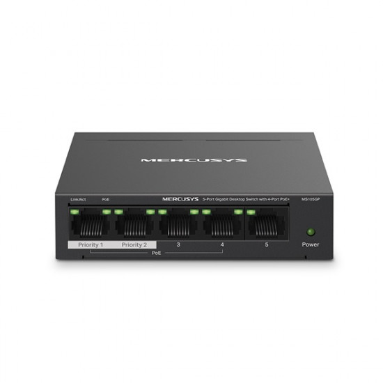 MERCUSYS MS105GP Switch 5x1000Mbps (4xPOE+), Fémháza Asztali MERCUSYS MS105GP Switch 5x1000Mbps (4xPOE+), Fémháza Asztali