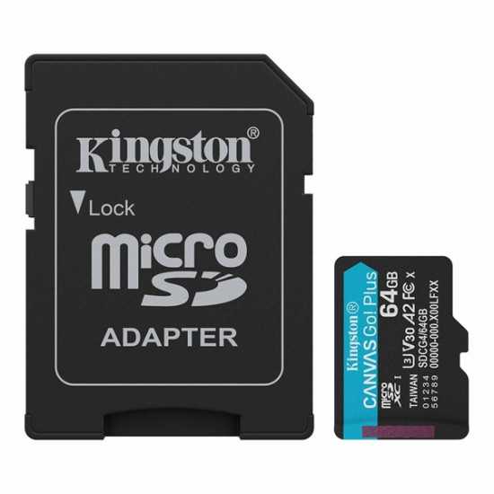 KINGSTON Canvas Go Plus 64GB MicroSDXC Gen4 200R A2 U3 V30 Memóriakártya + Adapter KINGSTON Canvas Go Plus 64GB MicroSDXC Gen4 200R A2 U3 V30 Memóriakártya + Adapter