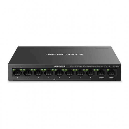 MERCUSYS MS110CMP Switch 8x100Mbps(8xPOE+) + 2xLAN(1000Mbps), Fémházas Asztali/Rackes MERCUSYS MS110CMP Switch 8x100Mbps(8xPOE+) + 2xLAN(1000Mbps), Fémházas Asztali/Rackes