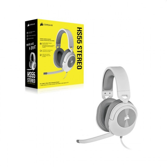 CORSAIR Vezetékes Headset, HS55 Gaming, Ultrakönnyű, Jack dugós, fehér