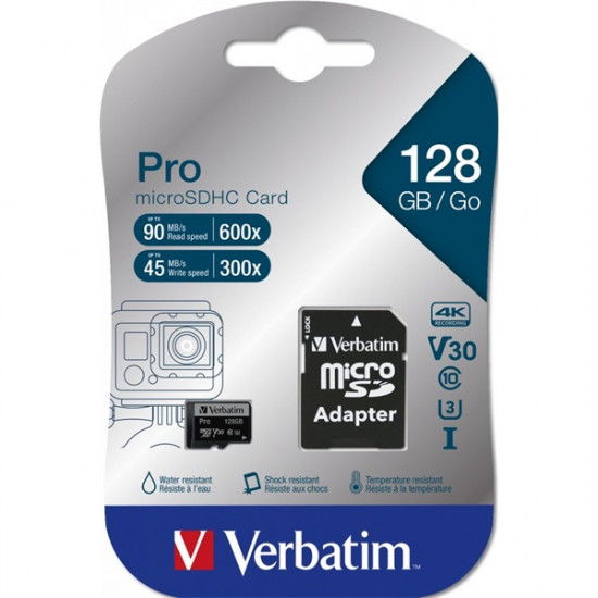 Verbatim 128GB Pro UHS-3 Class 10 micro memóriakártya + adapter Verbatim 128GB Pro UHS-3 Class 10 micro memóriakártya + adapter
