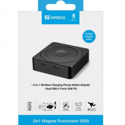 SANDBERG 3 in 1 mágneses powerbank, 5000 mAh (18.5 Wh), carry - on approved, 1,8 cm, 5 év garancia