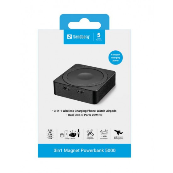 SANDBERG 3 in 1 mágneses powerbank, 5000 mAh (18.5 Wh), carry - on approved, 1,8 cm, 5 év garancia SANDBERG 3 in 1 mágneses powerbank, 5000 mAh (18.5 Wh), carry - on approved, 1,8 cm, 5 év garancia