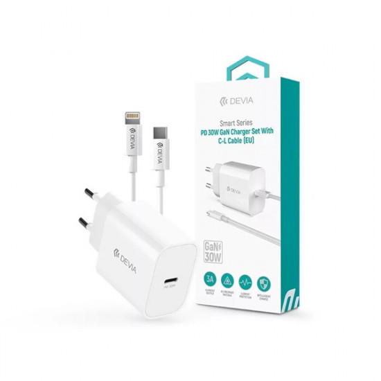 Devia ST109568 Smart Series 30W GaN PD+QC fehér hálózati gyorstöltő adapter + Type-C/Lightning kábel Devia ST109568 Smart Series 30W GaN PD+QC fehér hálózati gyorstöltő adapter + Type-C/Lightning kábel