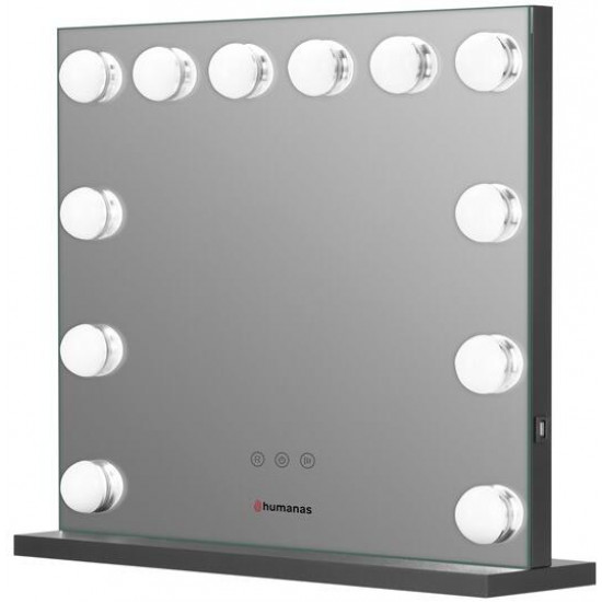 HUMANAS HM02 maxi álló sminktükör, 55x45 cm, 12 LED, integrált érintő gombok 3 színhőmérséklet, szabályozható fény fehér